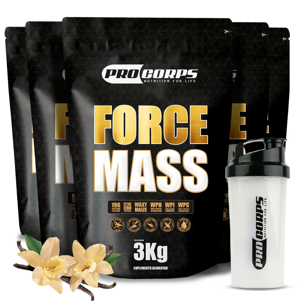 5 Unidades Suplemento Hipercalorico Force Mass 3kg + Garrafa Agua Coqueteleira Academia