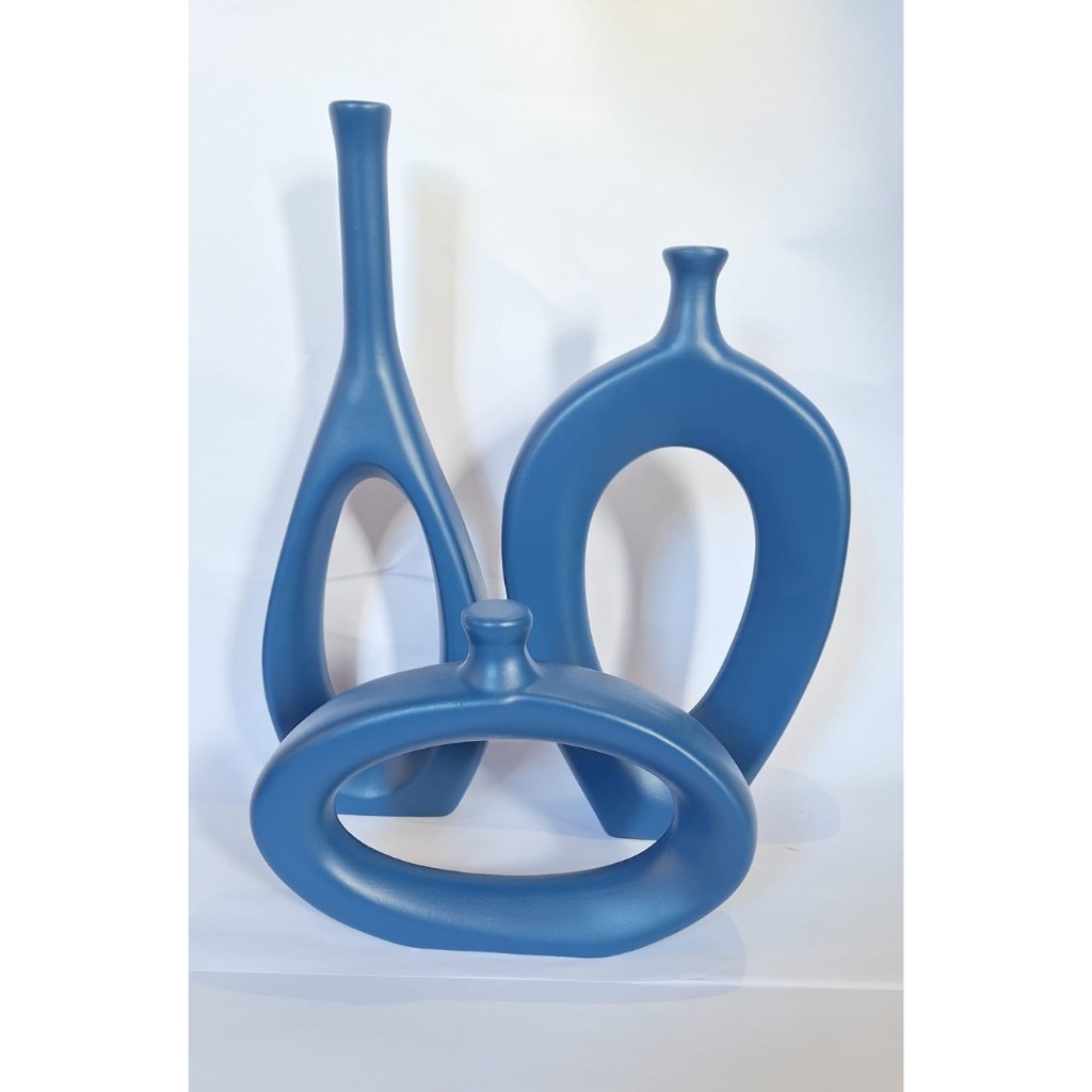Conjunto Kit Vaso Trio Vazado em Cerâmica Cor Azul Marinho