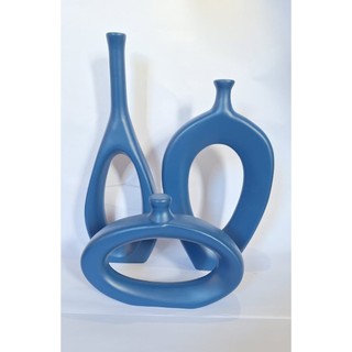 Conjunto Kit Vaso Trio Vazado em Cerâmica Cor Azul Marinho