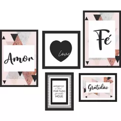 kit quadro 5 pecas geometrico rosa luxo fe amor gratidao love luxo quarto sala escritorio gratidao a DEUS