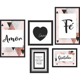 kit quadro 5 pecas geometrico rosa luxo fe amor gratidao love luxo quarto sala escritorio gratidao a DEUS