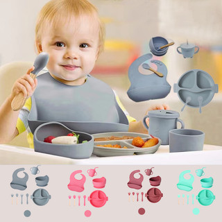 Talheres do Bebê Conjunto 6Pcs/8Pcs Prato De Jantar De Silicone Para Bebês Com Tigela De ventosa Sippy Cup Bibs Colher em Oferta na Shopee
