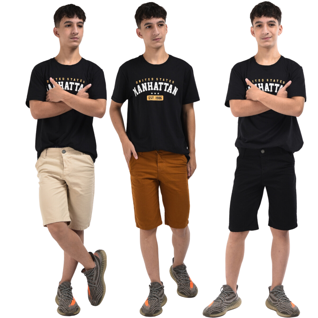 Kit 3 short bermuda jeans sarja MENINOS 10 ao 16 coloridos