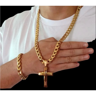 Corrente e pulseira grossa dourada Aço inox c/ pingente cruz dourada aço inox 10mm em Oferta na Shopee
