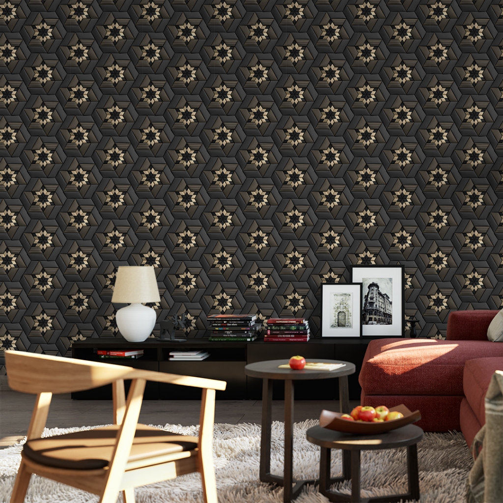 Papel De Parede Para Quarto Mandala Preto Dourado Adesivo Lavável Sala Cozinha Escritorio 3D