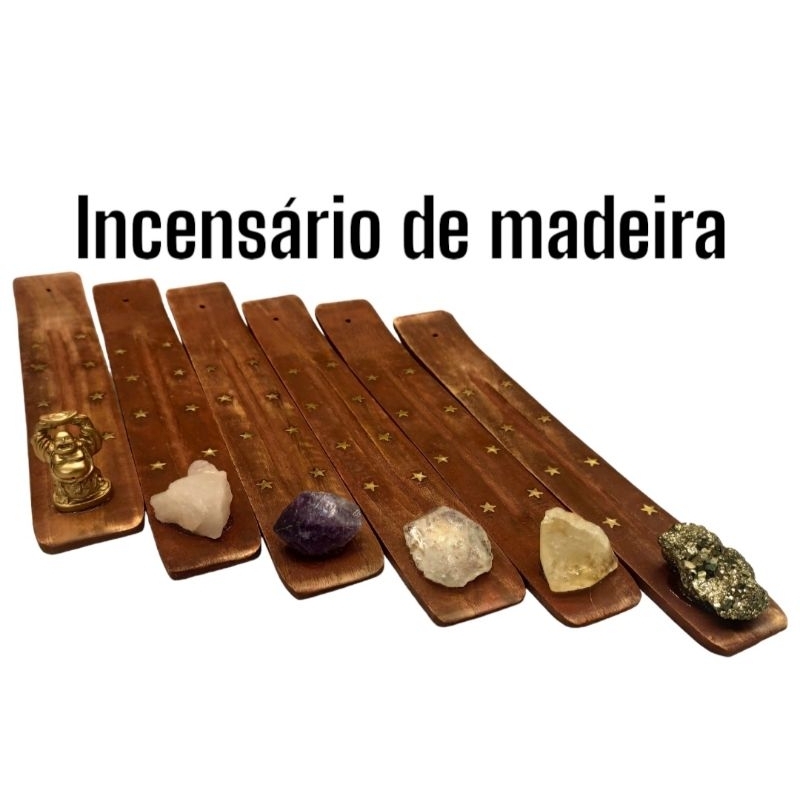 Incensário de madeira, suporte para incenso com Pedras Bruta e Buda