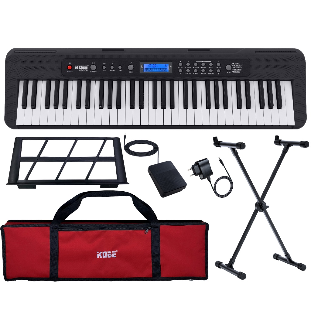 Kit Teclado Musical Digital Kobe KB-300 5/8 Teclas Sensíveis incluso Pedal Sustain Capa e Suporte
