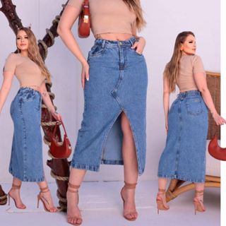 Saia Jeans Feminina Longa Cintura Alta Evangélica Midi Com Abertura em Oferta na Shopee