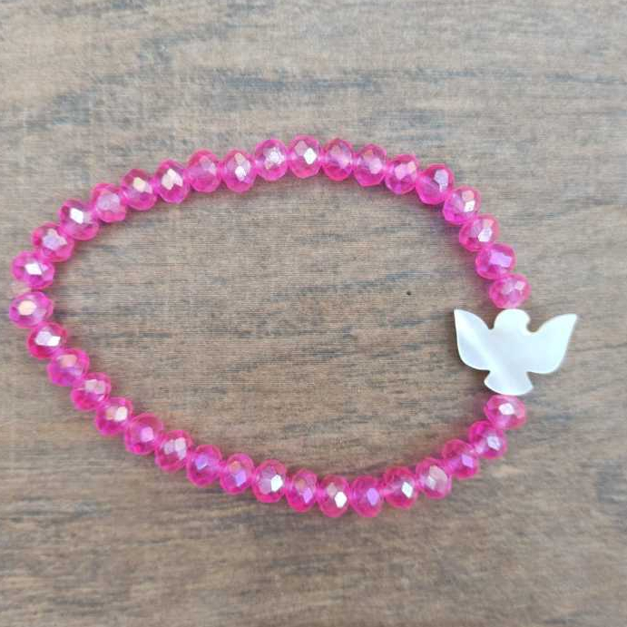 Pulseira Cristal Rosa Divino Espírito Santo Religiosa Unissex Fé Proteção Acessório Católico Presente