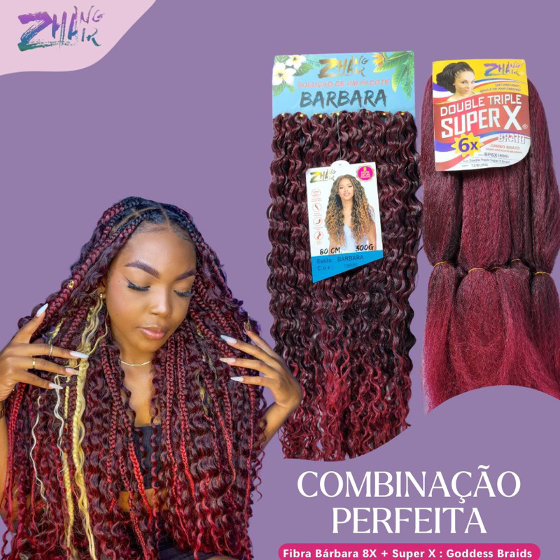 KIT CABELO FIBRAS CACHEADO BARBARA T1B/BURG + JUMBO SUPER X T1B/BURG