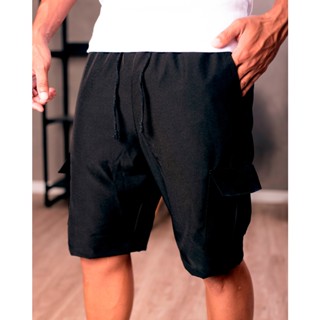Bermuda Cargo Masculina Long Streetwear Larga Elastano / Tactel Preta Lisa