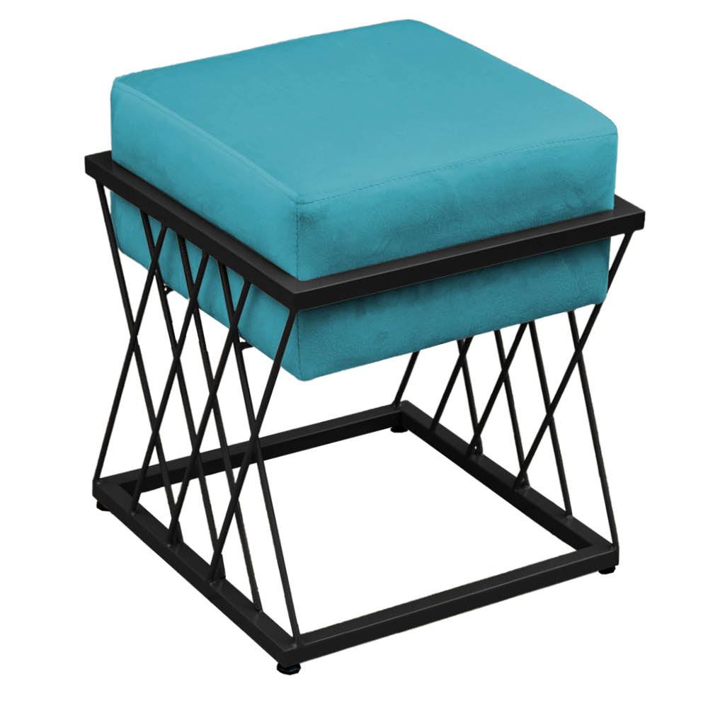 Puff Decorativo Quadrado Troia Base Ferro Preto Veludo Azul Turquesa