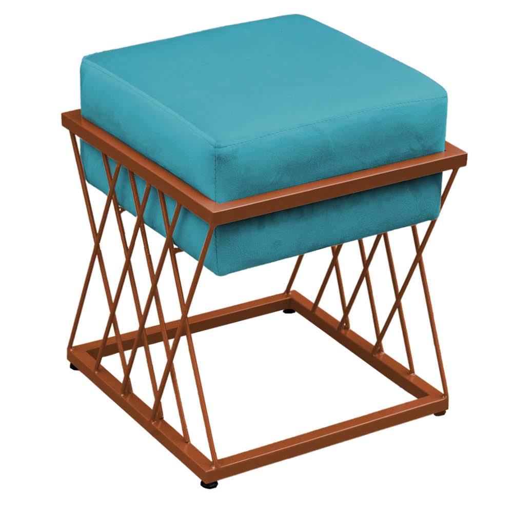 Puff Decorativo Quadrado Troia Base Ferro Bronze Veludo Azul Turquesa