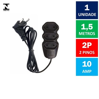 Extensão Elétrica 2 Pinos em 90 Graus 10A 1,5 Metros Preto Megatron ( Cordão Prolongador Tomada Tripla 2P 10 Ampères )