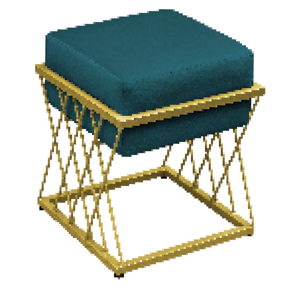 Puff Decorativo Quadrado Troia Base Ferro Gold Veludo Azul Turquesa