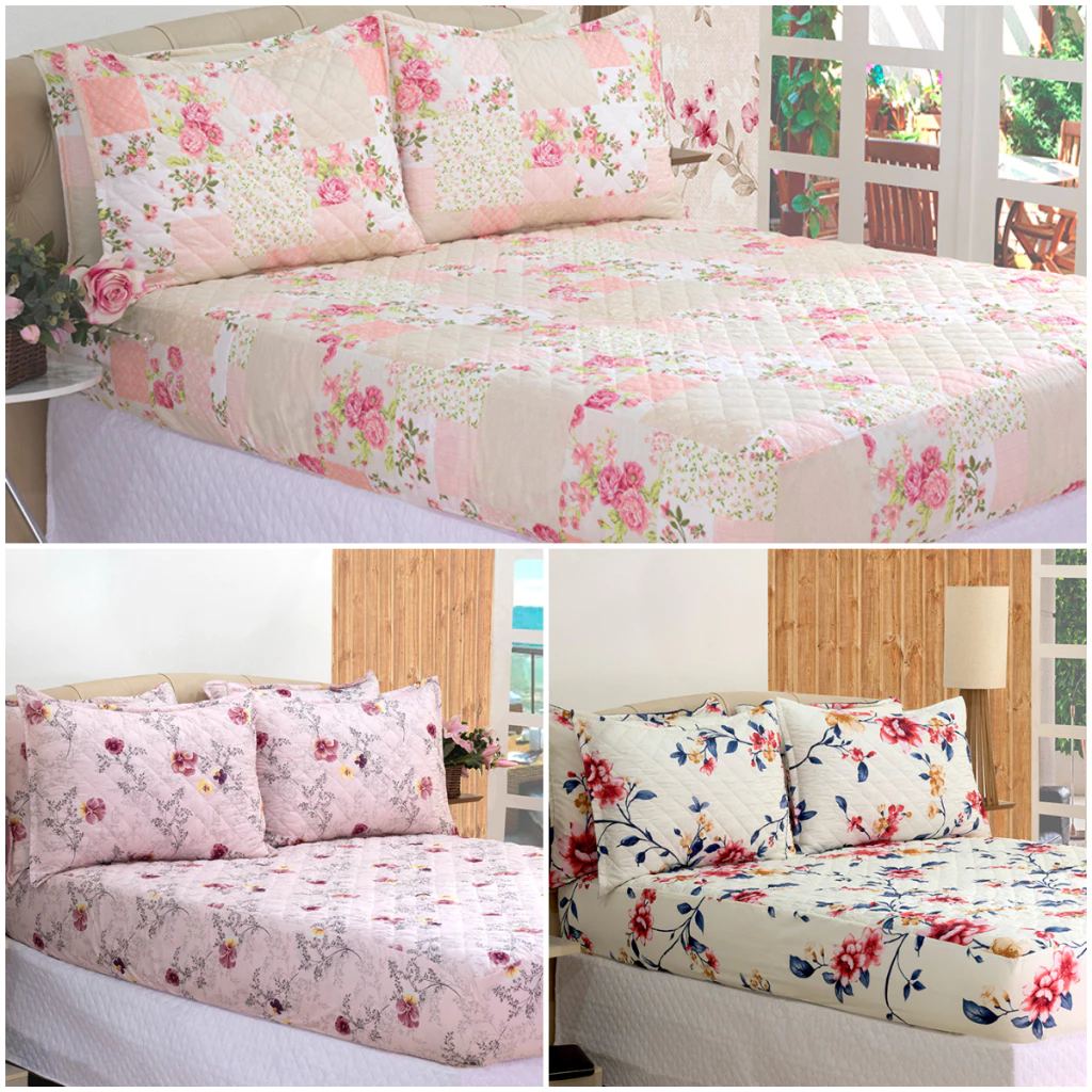 *PROMOÇÃO* Cobre Leito Colcha Casal ou Solteiro Protetor de Cama Floral Micropercal - 03 Peças -