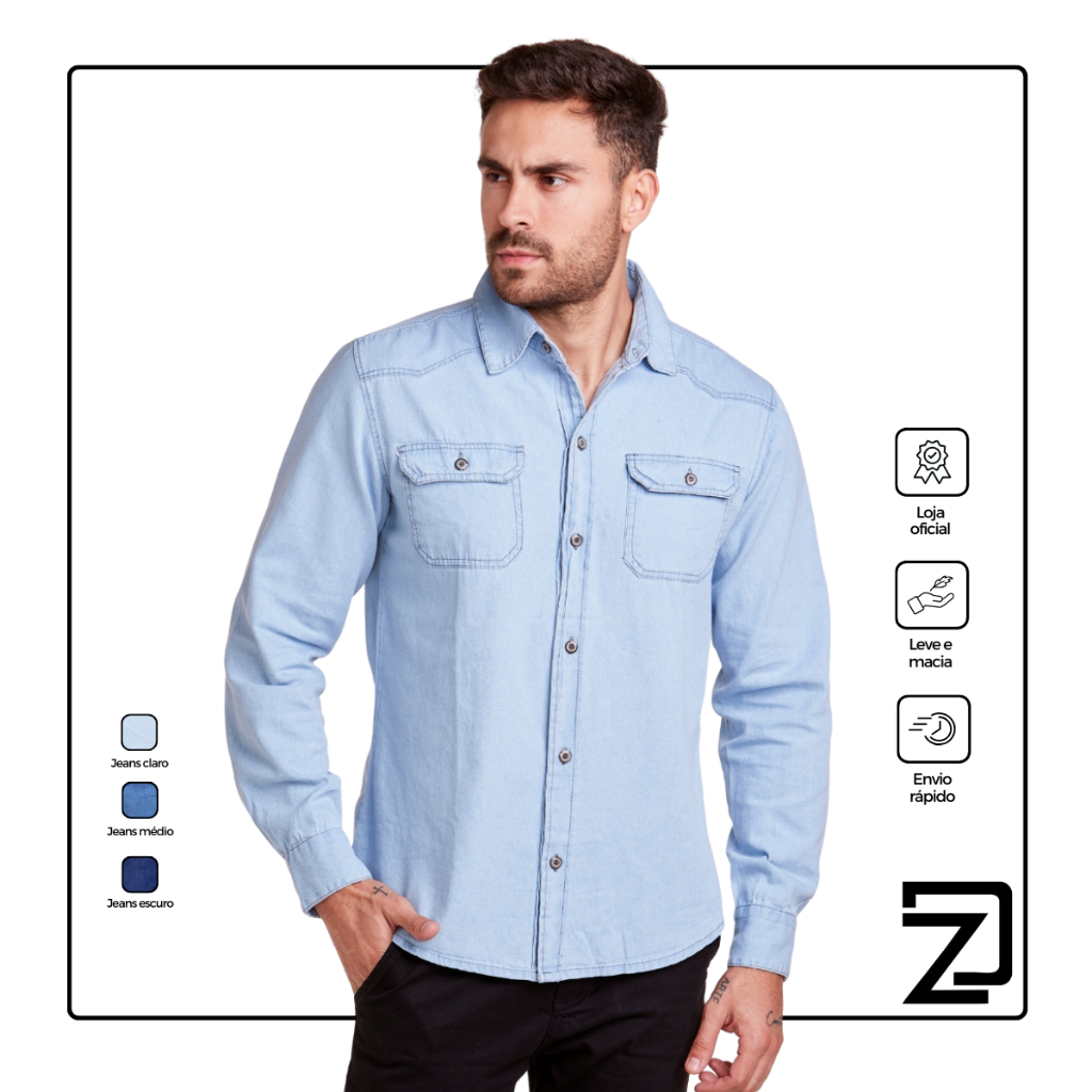 Camisa Masculina Jeans Slim Premium Social em Oferta na Shopee