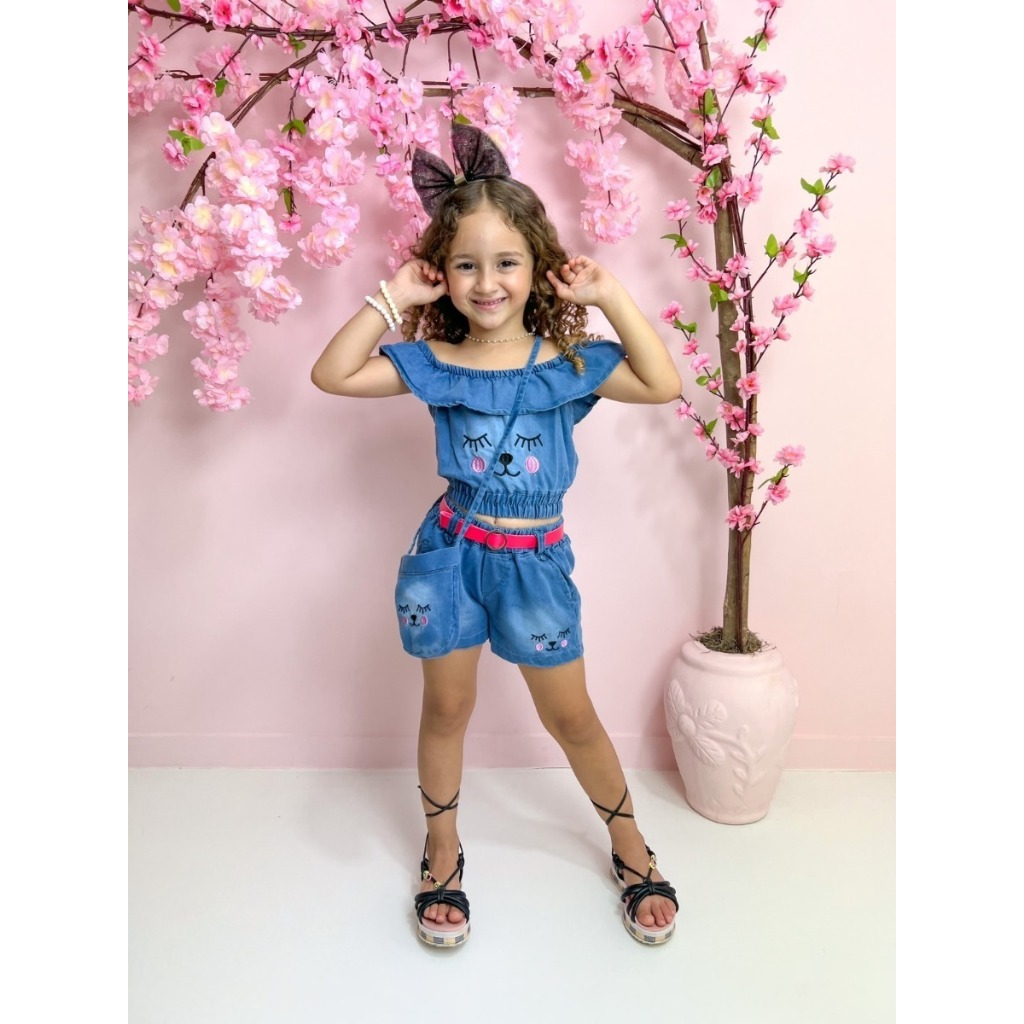 Conjunto Jeans Mini Diva Infantil Menina Blogueirinha - short cropped Festa Botão