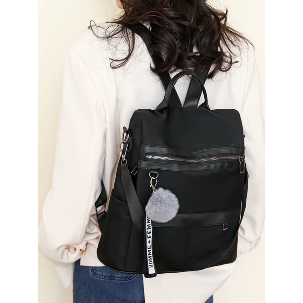 Mochila Feminina Com Pompom Casual Impermeável De Nylon De Alta Qualidade Anti furto/mochila escolar