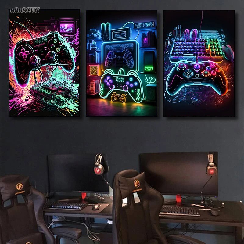 Quadro Decorativo 3 peças Hora do Jogo Vídeo Game controles para Gamer Playstation Xbox Neon