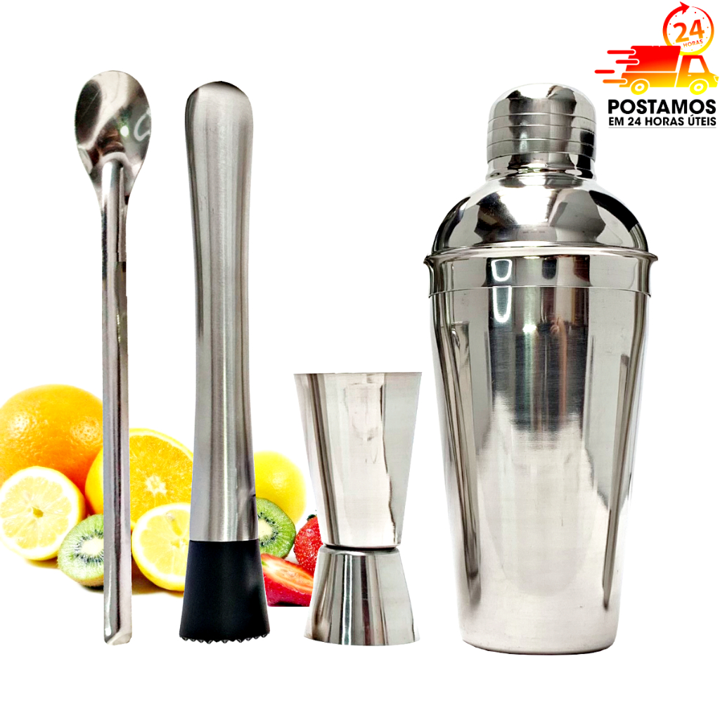 Kit Caipirinha 4 peças Inox Bartender Profissional - Coqueteleira 500ml, Socador, Dosador ...