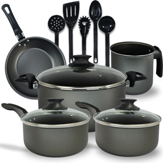 Jogo Premium de Panelas 10 Peças com Tecnologia Teflon de 5 Camadas e Tampas de Vidro Cor Preto Grafite em Oferta na Shopee