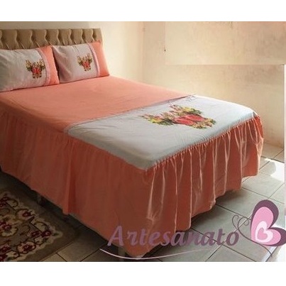 Colcha Casal Pintada Floral com Fronhas Babado Gigante Cobre Leito Babado Floral