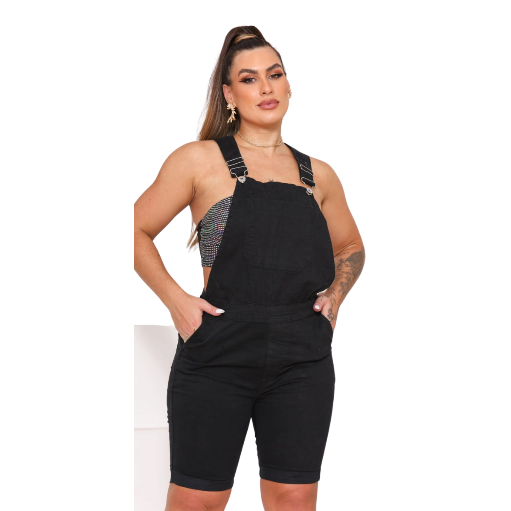 Macacão (Jardineira) Curto Feminino Sarja Preto