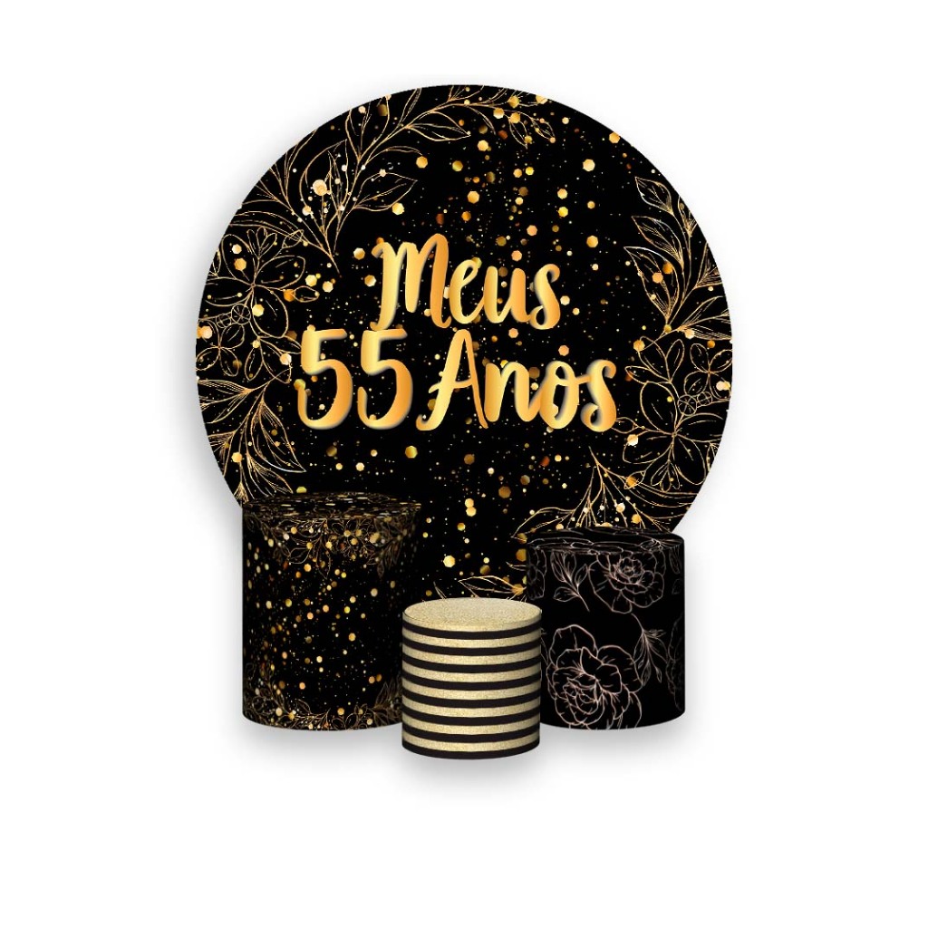 Painel De Festa Redondo + Trio De Capas Cilindro  - Efeito Brilhos Meus 55 Anos Dourado 120