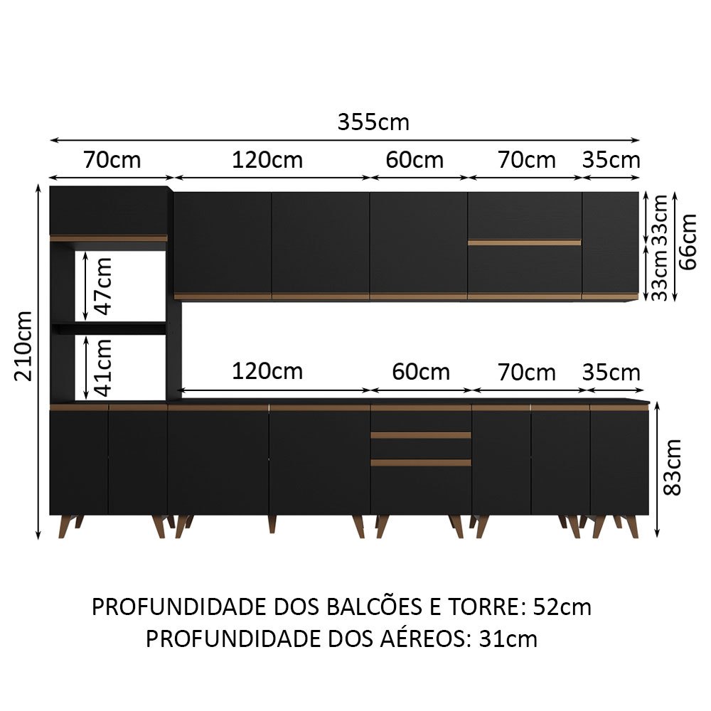 Detalhes do Armário de Cozinha Completa 355cm Preto Reims da Sabrina Madesa