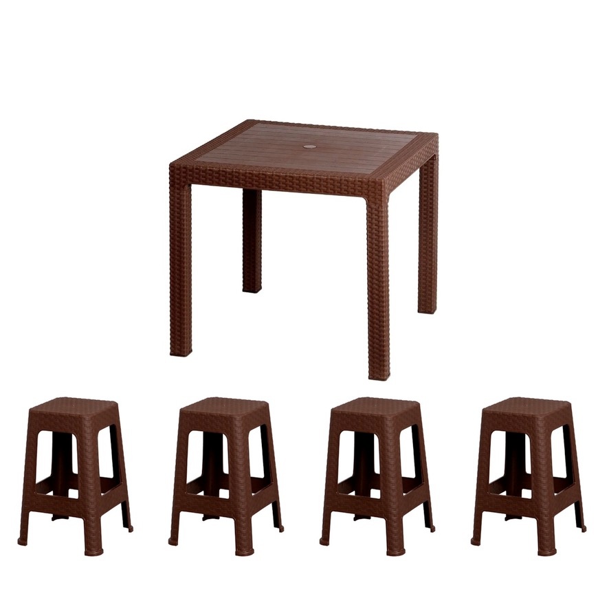 Mesa com 4 Banquetas Rattan Resistente Área Externa Piscina Praia Bar Decoração