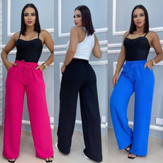Calça Pantalona Feminina Lisa Com Bolso Cintura Alta Tecido Duna Confortável