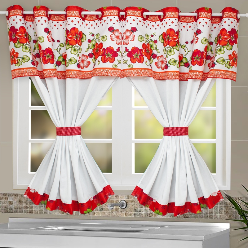 Cortina Para Cozinha C/ Bandô  2,60 X 1,20 - Joaninha e Flores - Keissy Cozinha - Decoração de Cozinha