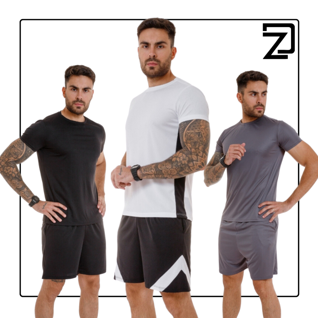 Kit 3 Conjuntos Masculino Poliester Academia Básico Dry fit em Oferta na Shopee