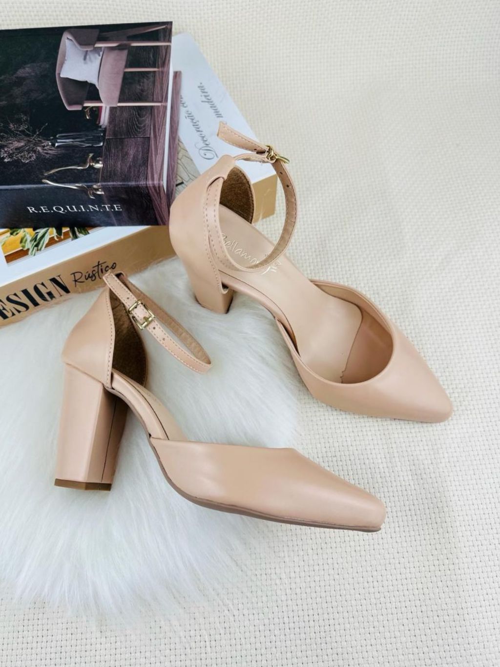 Scarpin Feminino Salto Alto 9,5cm Grosso Bico Fino Tira Tornozelo Social Casamento Festa Elegante