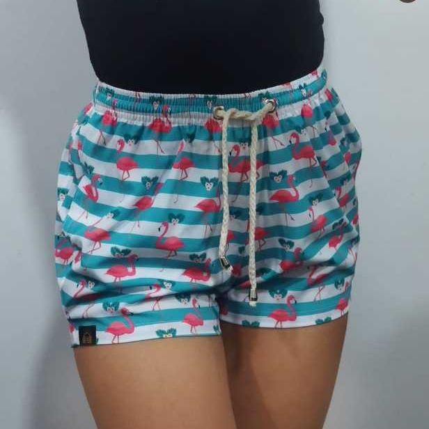 Short Bermuda Feminina Gringa Flamingo Rosa Listrado Moda Praia Patricinha Curto Tactel