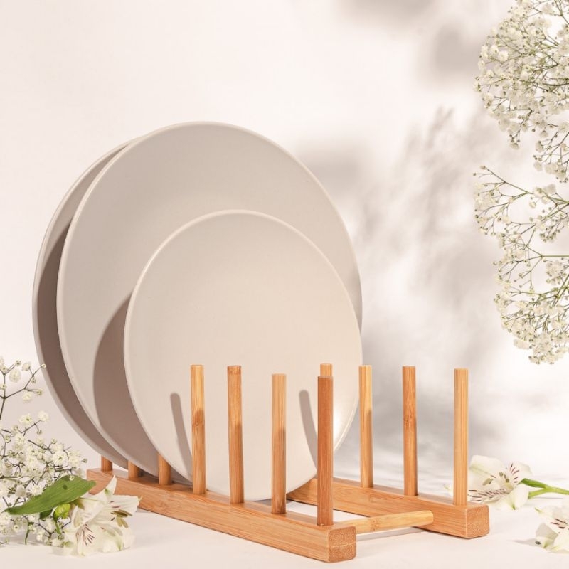 Suporte Escorredor Louças Bambu Natural Premium 6 Divisões Display Porta Pratos Copos