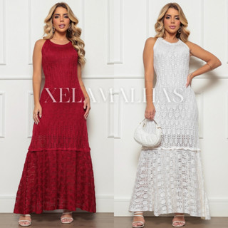 Vestido Longo Tricot Feminino Rendado Forrado Flaire Verão Tricot Elegante Nathália