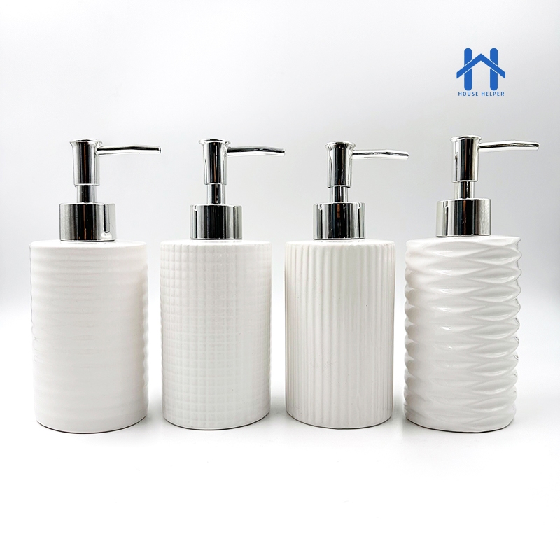 Frasco Porta Sabonete Liquido 350ml Ceramica Branca Redondo Válvula Prata para Banheiro