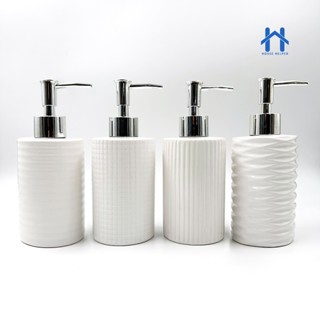 Frasco Porta Sabonete Liquido 350ml Ceramica Branca Redondo Válvula Prata para Banheiro