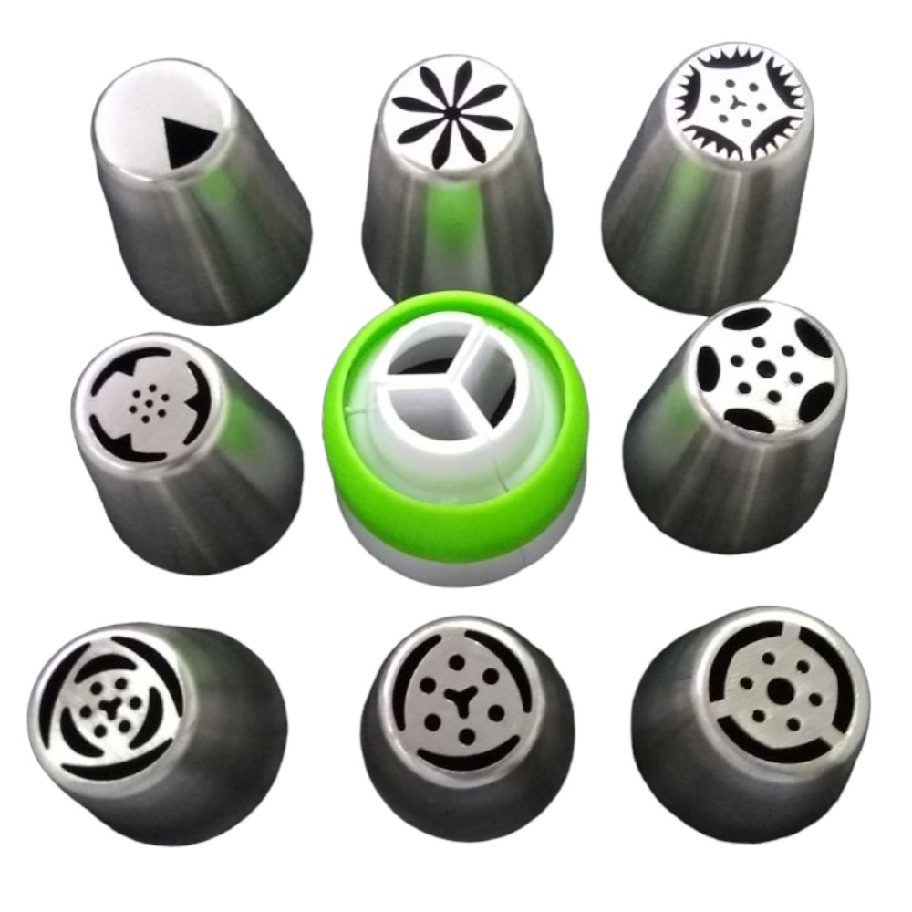 Bico De Confeiteiro Inox Kit Com 8 + 1 Adaptador + 3 Sacos De Confeitar Bolo