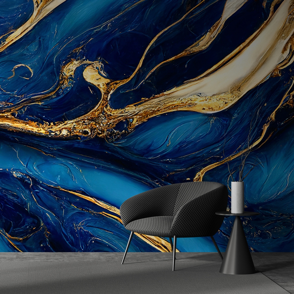 Papel de Parede Adesivo Lavável Efeito Mármore Azul Royal com Dourado Para Sala, Quarto