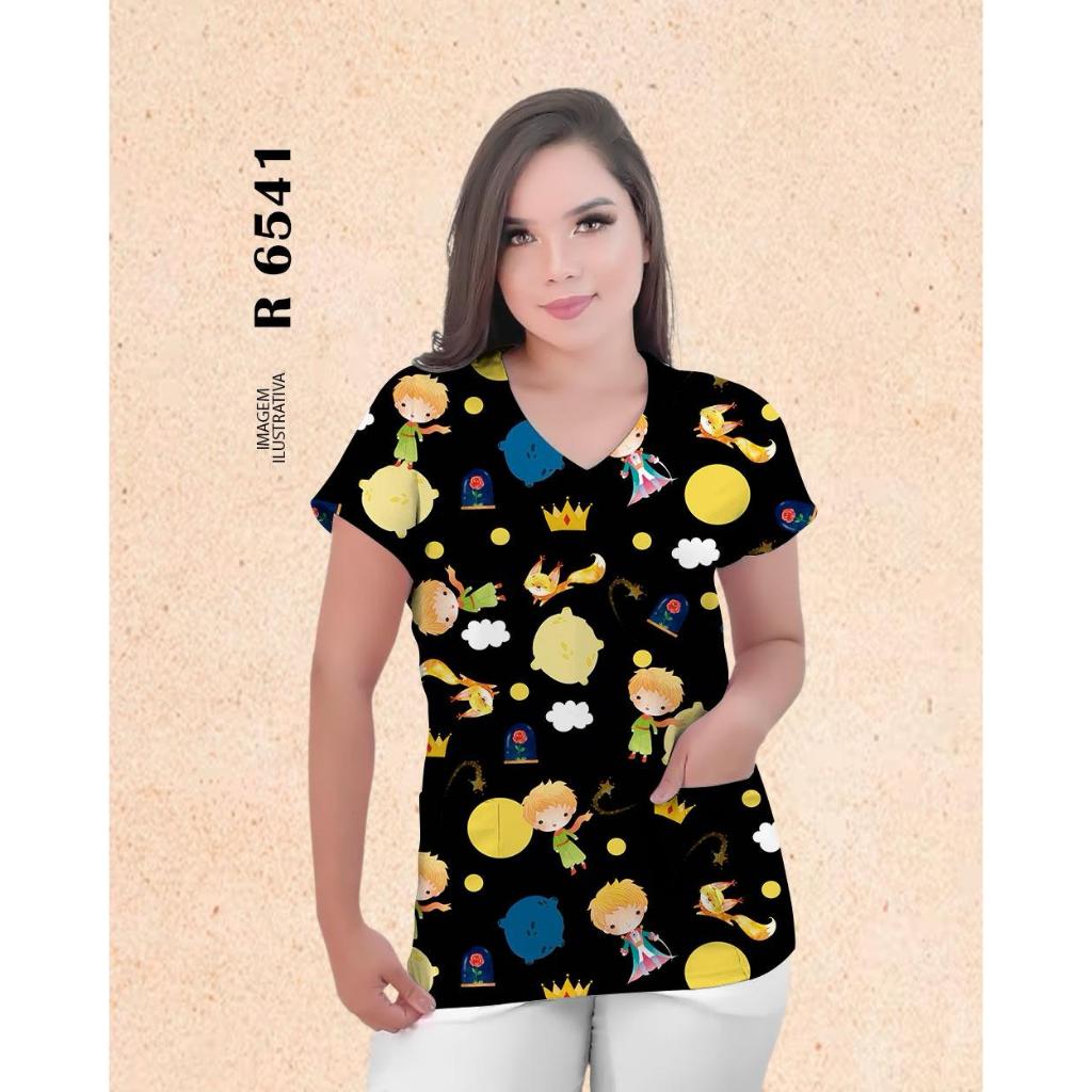 Blusa Feminina Com Bolso Avental Personalizado Pequeno Principe Scrub Feminino