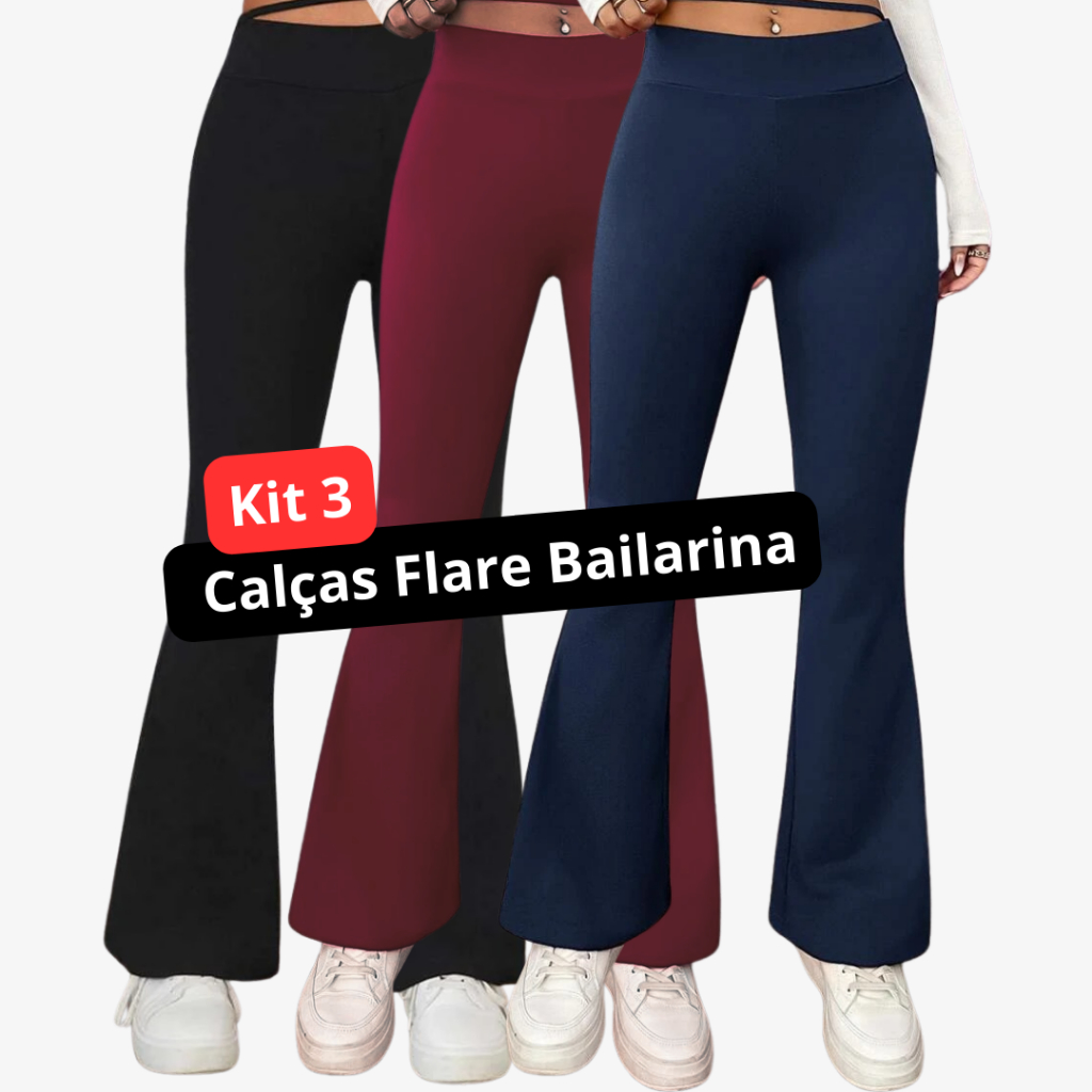 Kit 3 Calças Legging Flare Bailarina Cintura Alta Modela Bumbum Feminina Zero Transparência