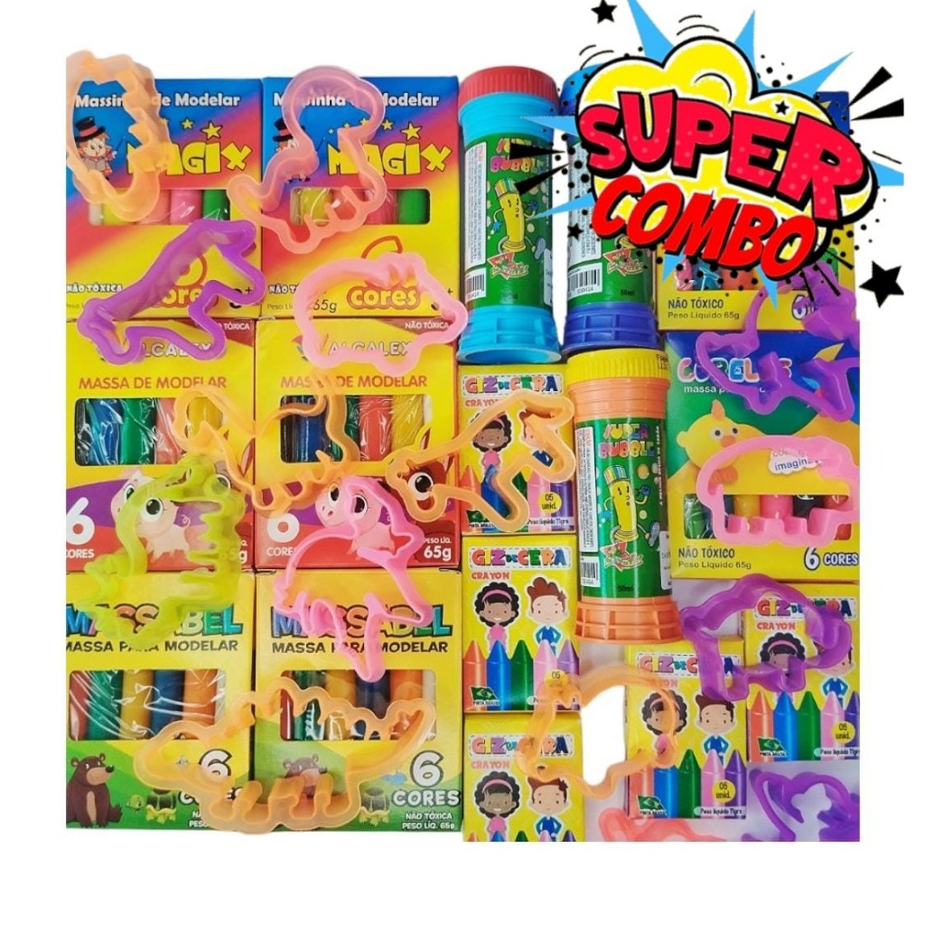 20 Massinha Modelar + 20 Bolha Sabão + 20 Giz De Cera + 40 Cortador Para Kit Festa Lembrancinha em Oferta na Shopee