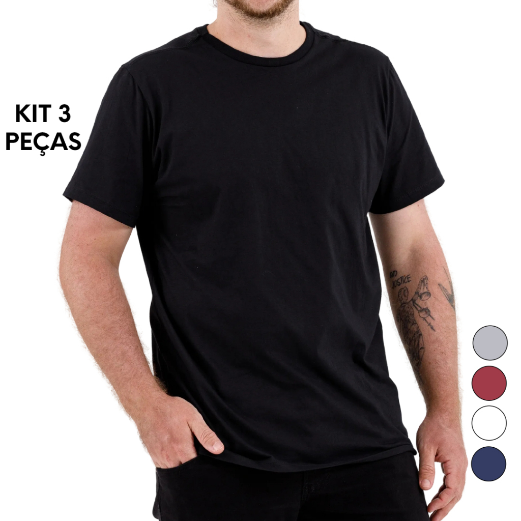 Kit 3 Camiseta Masculina Lisa Básica 100% Algodão em Oferta na Shopee