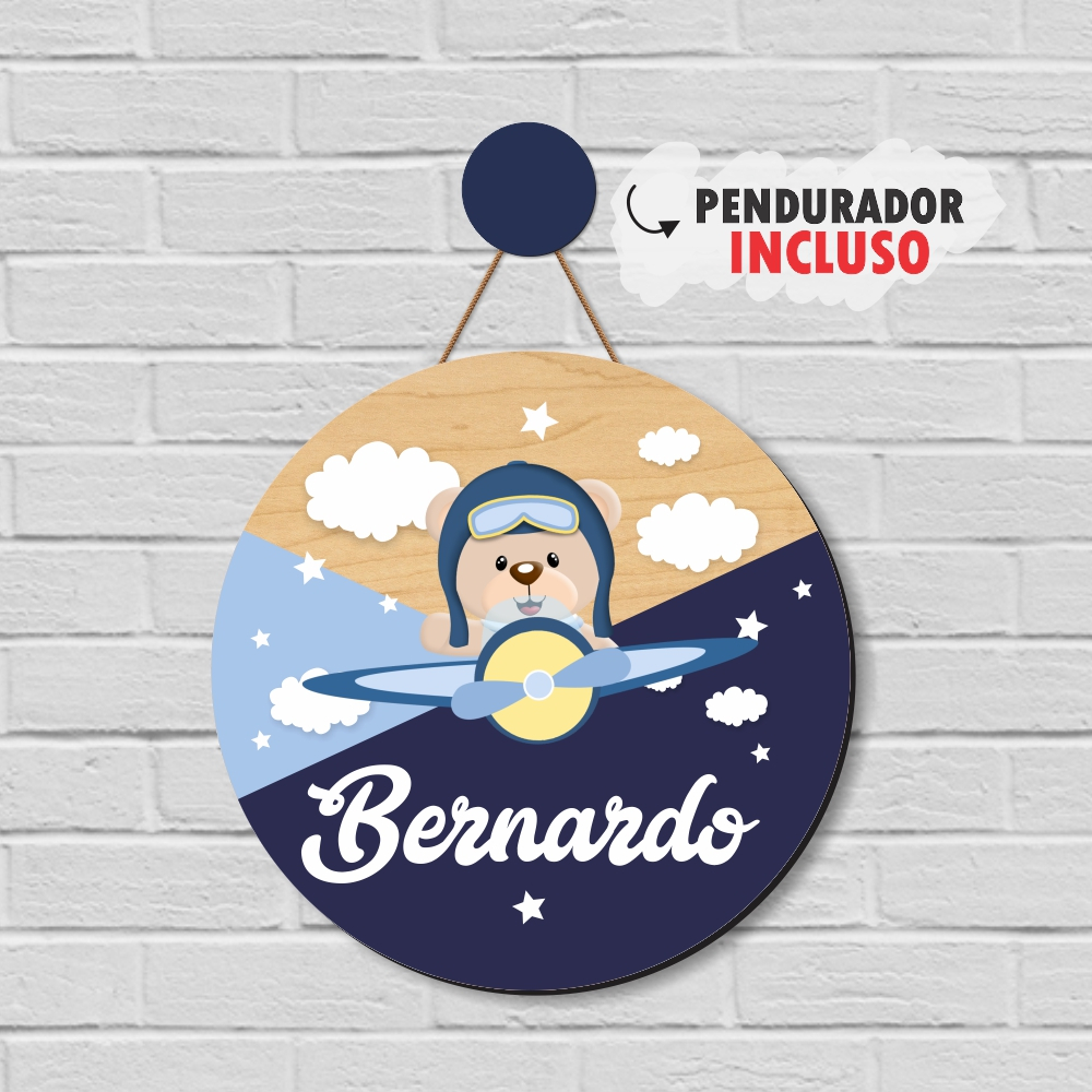 Enfeite Porta Maternidade Urso Aviador, Avião - Nome personalizado - Decoração para quarto! GUIRLANDA em Oferta na Shopee