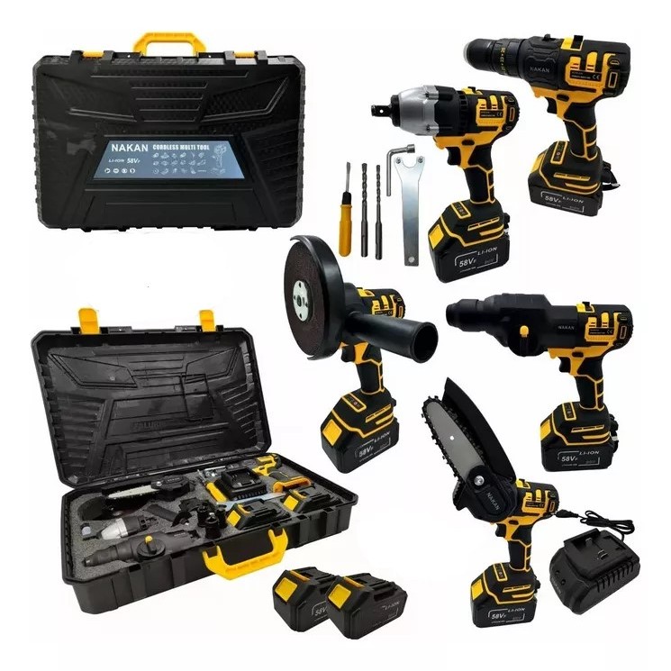 Kit Ferramentas 5 em 1 Furadeira Parafusadeira Motoserra Chave Impacto a Bateria 48V Com Maleta