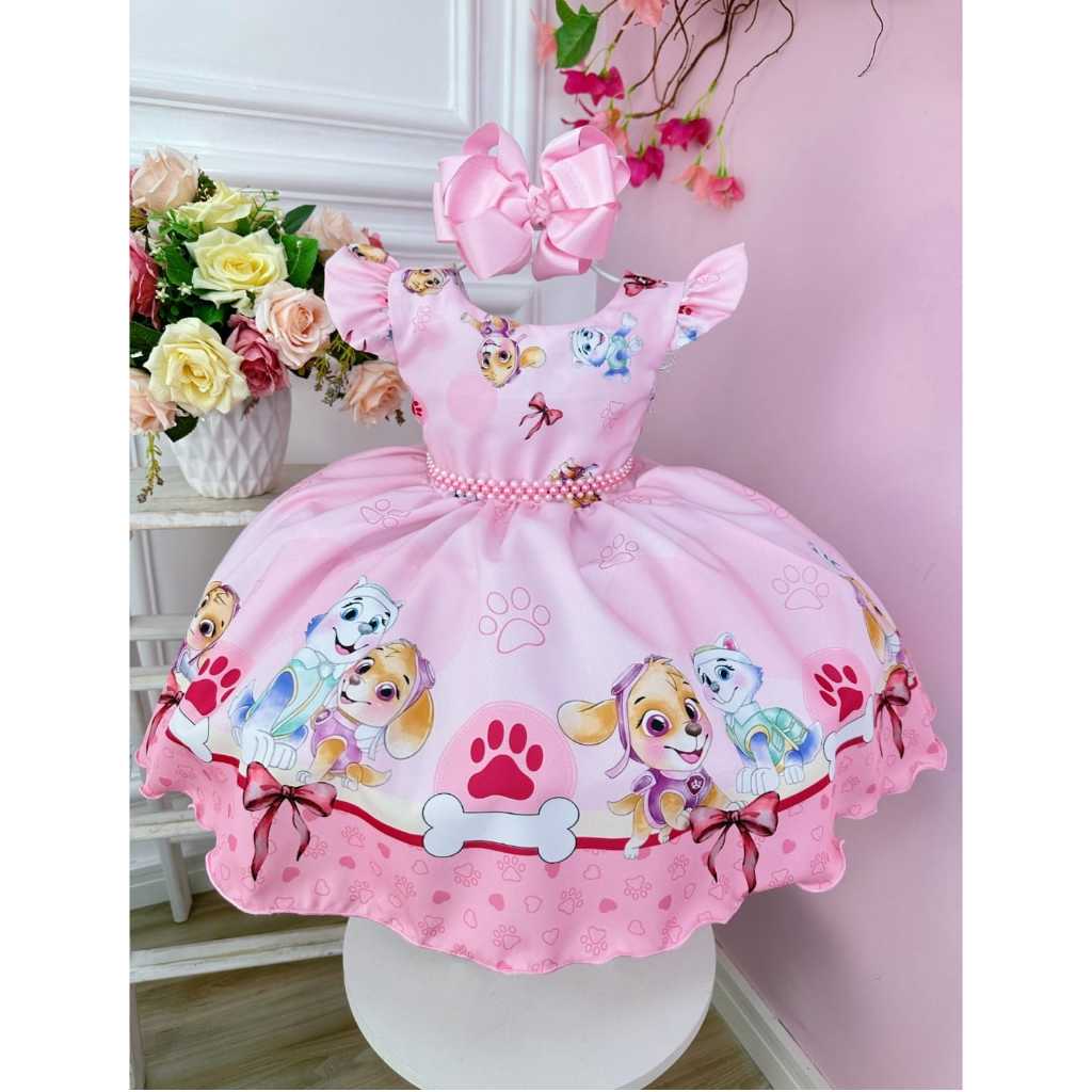 Vestido de Festa Infantil Patrulha Canina Skye Everest Rosa