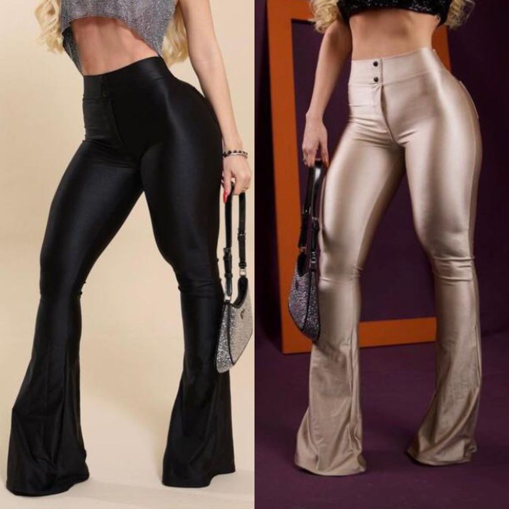 Calça Flare de Luxo Cintura Alta e Tecido Acetinado Brilhoso